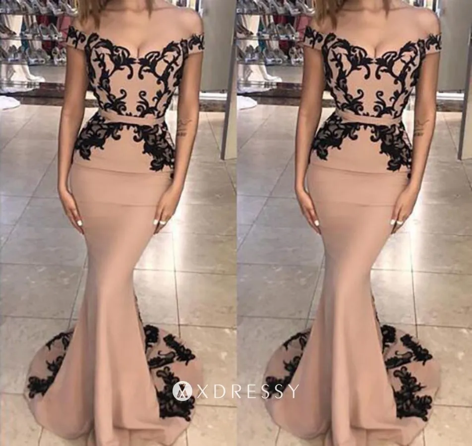 off the shoulder black lace appliqued nude mermaid prom dress