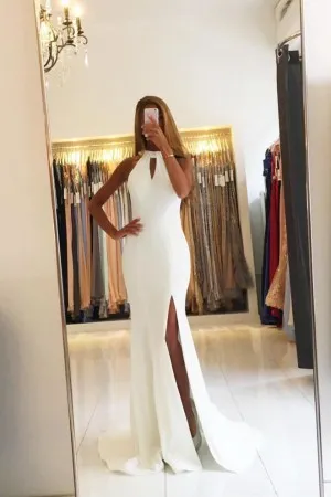 halter neck slit ivory spandex mermaid prom dress