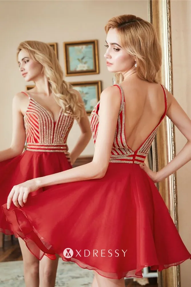 deep V back red short cocktail dress deep V back red short cocktail dress
