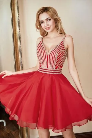 striped beading V neck red short homecoming dress