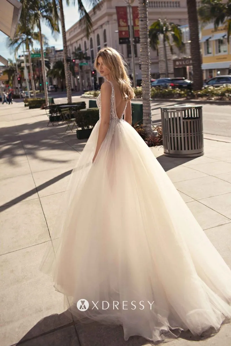 deep V back sheer beaded tulle prom gown