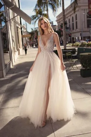 V-Neck Straps Sheer Beaded Ruched High Slit Prom Dress