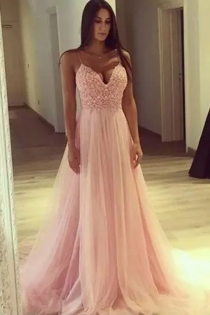 V neck spaghetti straps blush lace tulle prom gown