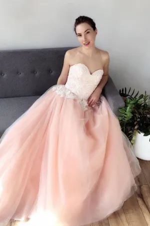 blush tulle lace applique strapless formal dress