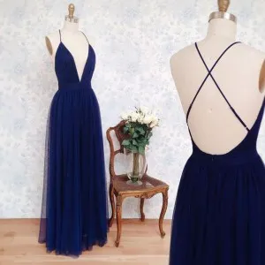 backless spaghetti straps dark blue prom dress