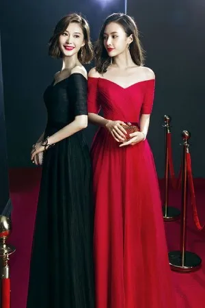 elbow sleeve off the shoulder A line formal dress