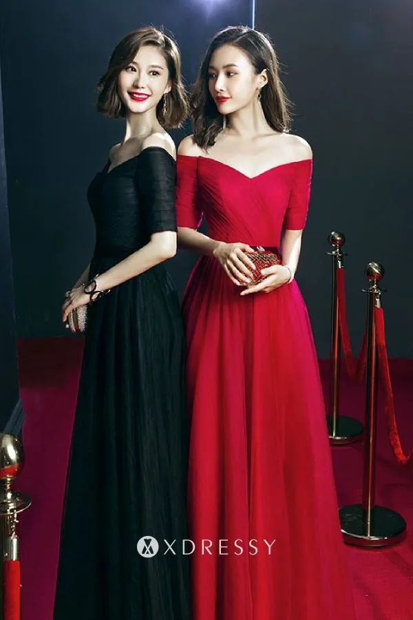 elbow sleeve off the shoulder A line formal dress