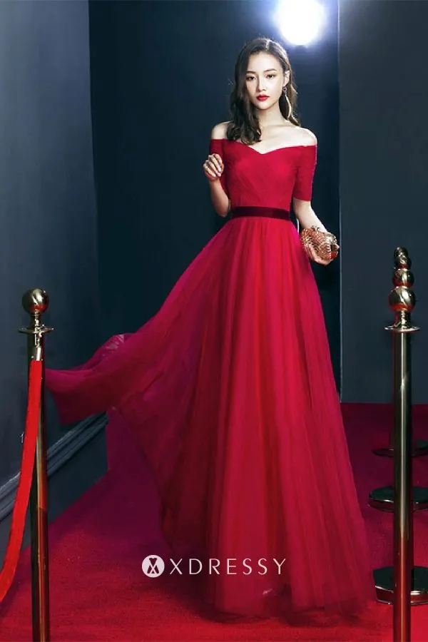 Elbow Sleeve Off-the-shoulder A-line 