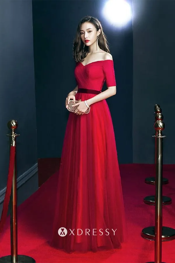 sleeved off the shoulder A line formal dress