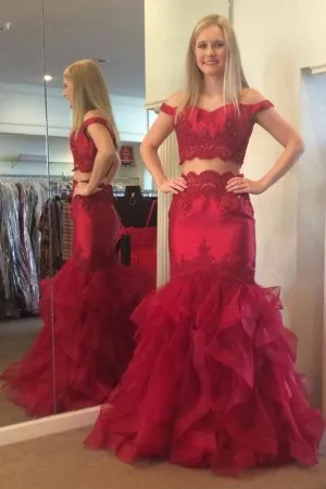 crimson lace ruffled skirt two piece prom dress