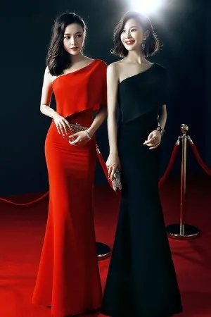 one shoulder redblack spandex mermaid formal gown