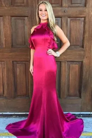 ruffled sleeveless fit n flare hot pink prom dress