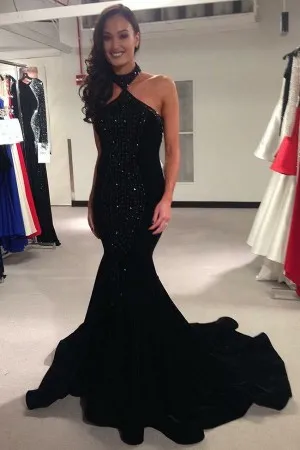 fully beaded black mermaid long train prom dress