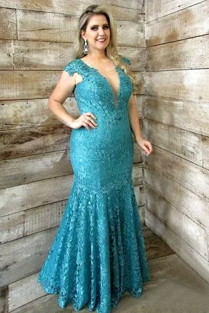 V neck drop waist cyan lace plus size prom dress