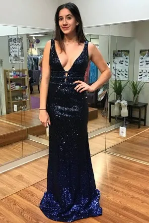 navy sequin plunging V neck sleeveless prom dress