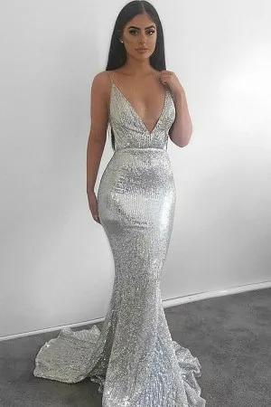 silver sequin plunging V neck mermaid prom dress