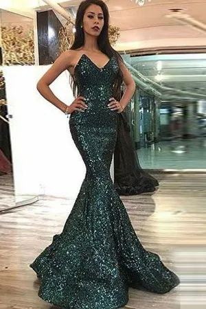 strapless V neck green sequin military ball dress