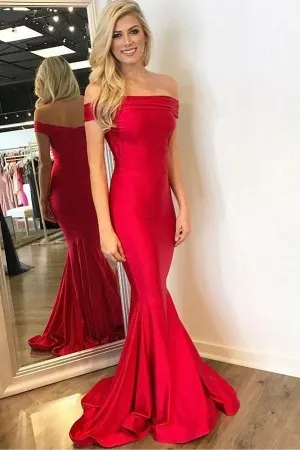 red satin off the shoulder mermaid long prom dress