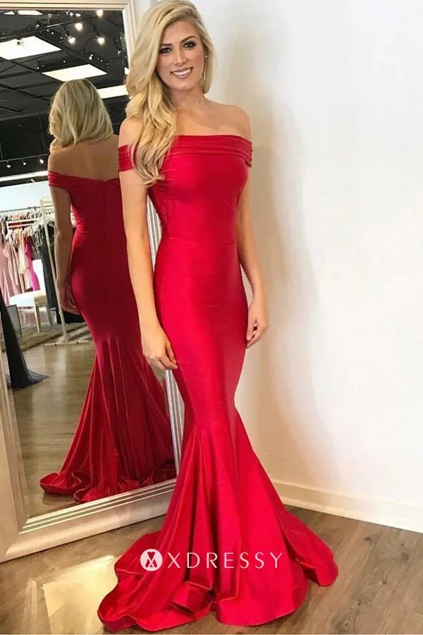 red satin off the shoulder mermaid long prom dress red satin off the shoulder mermaid long prom dress