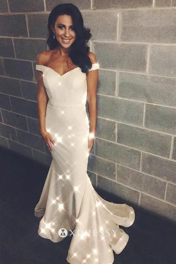 off shoulder V neck cream prom dress