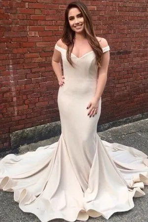 off shoulder flounced long train cream prom dress