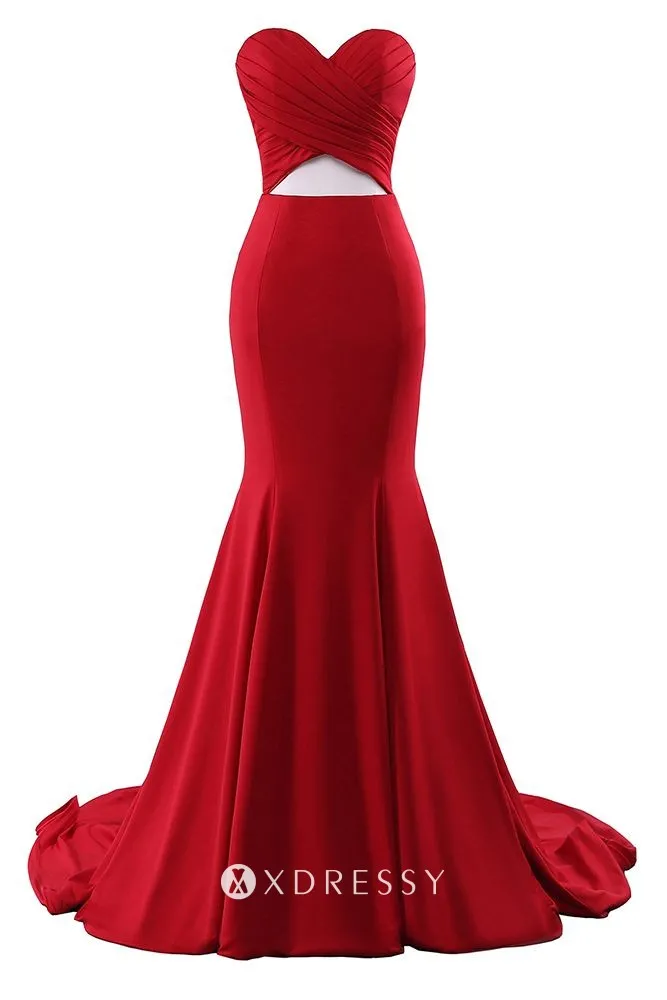 cut out waist red satin prom dress