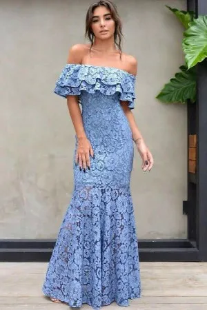 ruffled off shoulder ice blue mermaid prom dress