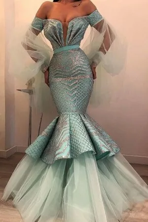 draped glitter dusty green satin tulle prom gown