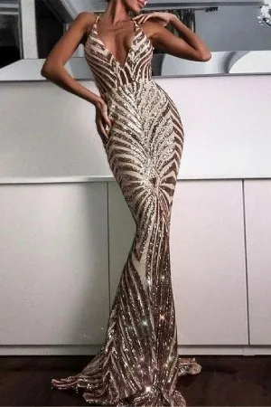 bronze gold striped sequin slim fit prom dress