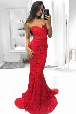 strapless sweetheart red lace empire prom dress