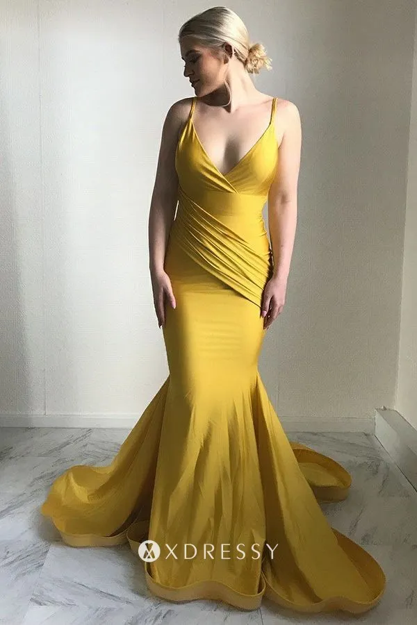 V neck draped golden yellow mermaid formal gown V neck draped golden yellow mermaid formal gown