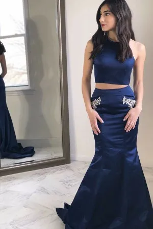 navy blue two piece prom dress with beaded pockets