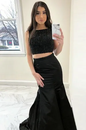 sleeveless beading black satin two piece prom dress