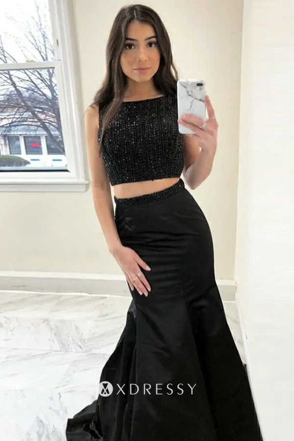 sleeveless beading black satin two piece prom dress sleeveless beading black satin two piece prom dress