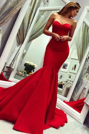 red satin drop waist long train mermaid prom dress