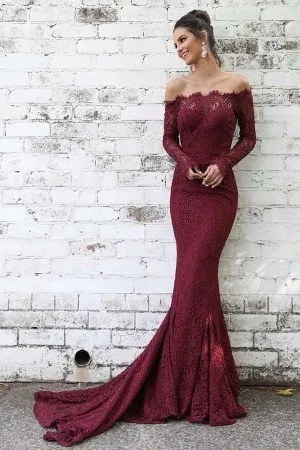 sleeved off the shoulder burgundy lace formal gown