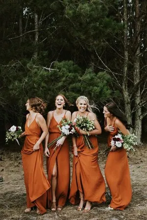 spaghetti straps slit tangerine bridesmaid dresses