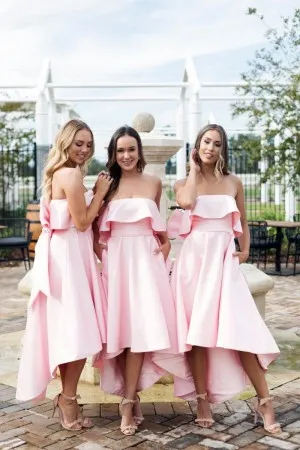 baby pink high low bow ruffled bridesmaid dresses