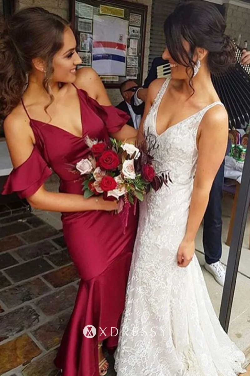 v neck trumpet high low bridesmaid dresses