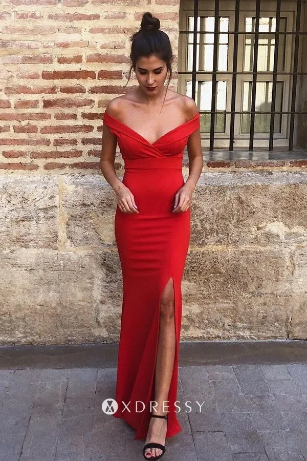deep V neck red satin mermaid prom dress
