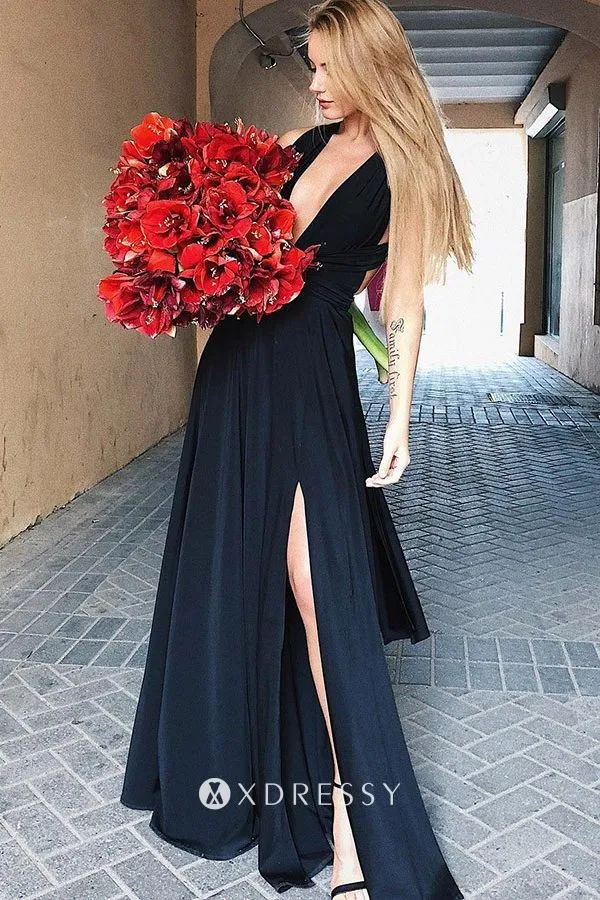 coll sexy black plunging V neck split prom dress
