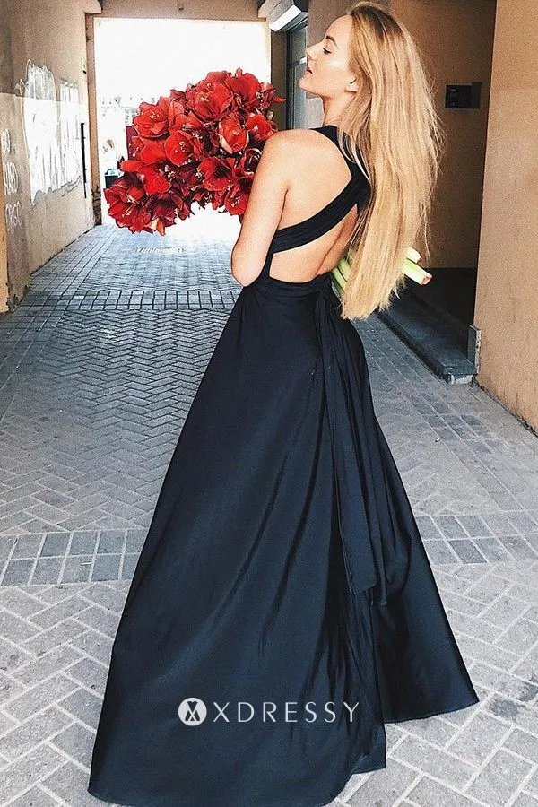 strap back black plunging V neck split prom dress