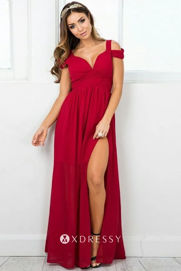 16915 Red Fishnet Top Chiffon Slit Dress