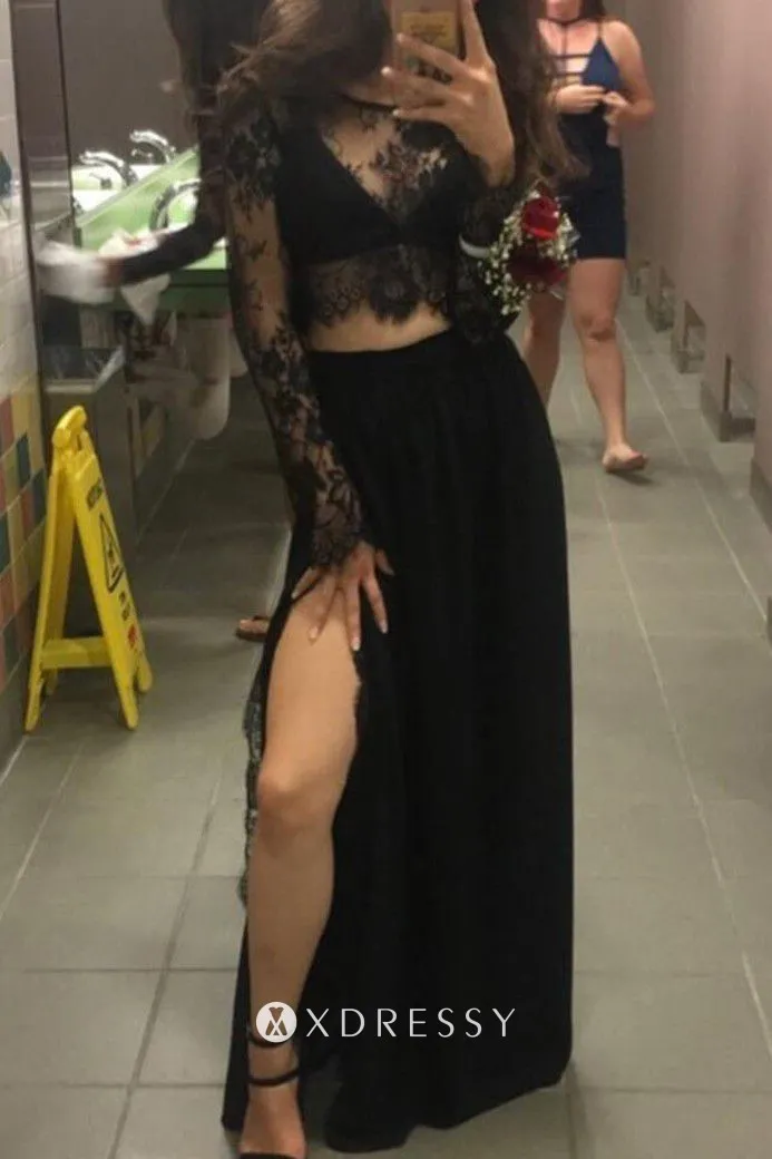 Illusion Black Lace High Slit Two-piece Prom Dress