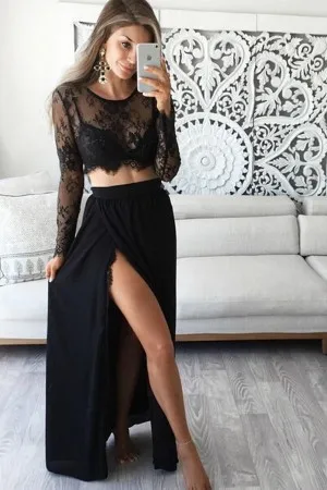 illusion black lace high slit two piece prom dress