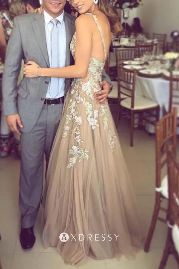 low back with straps sand tulle lace appliqued prom dress low back with straps sand tulle lace appliqued prom dress