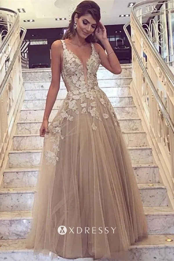 plunging neck sand tulle lace appliqued prom dress plunging neck sand tulle lace appliqued prom dress