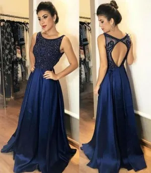 open back beaded navy blue satin long prom dress