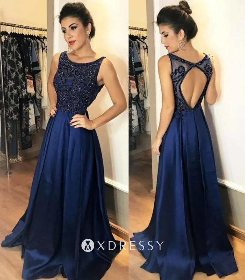 open back beaded navy blue satin long prom dress open back beaded navy blue satin long prom dress