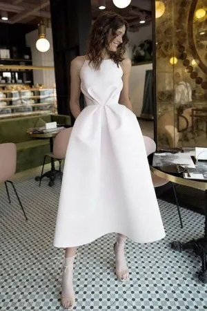 tea length white simple prom dress with pockets
